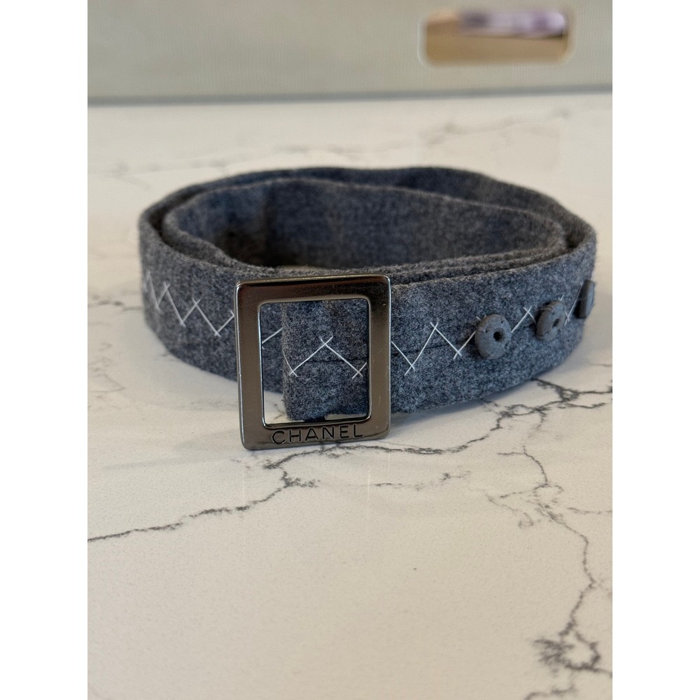 Vintage CHANEL Gray Wool Felt Belt Square Logo Buckle X Stitch 17"